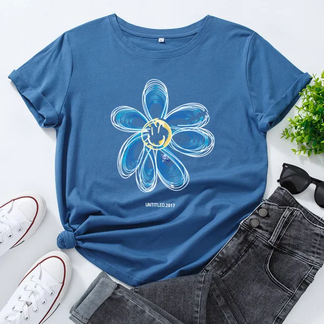 European And American Cotton Loose Round Neck Creative Flower Short Sleeve Sapphire Blue - Shop at LoveMi
