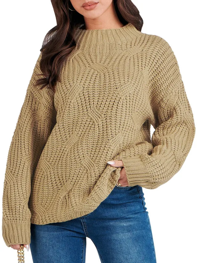 Drop Shoulder Loose Casual Twisted Knitted Pullover Sweater Khaki - Shop at LoveMi