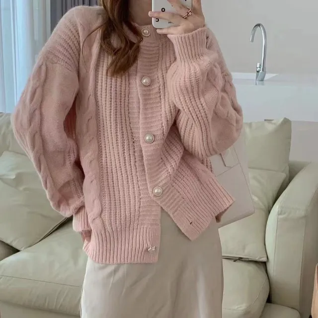 Idle Style Gentle Retro Twist Design Sweater Fashionable Jacket Women Pink - Shop at LoveMi