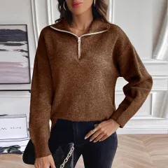 European And American Long-sleeved Knitwear Women's Tops Solid Colour Casual Sweatshirt - Yellow Variegated Sweater - View 1