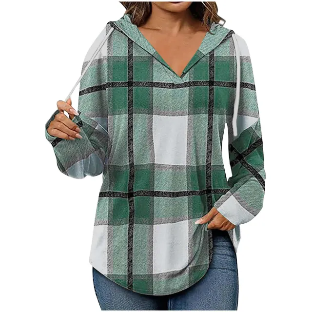 Hooded Pullover V neck Adjustable Drawstring Casual Plaid Long Sleeve Green - Shop at LoveMi