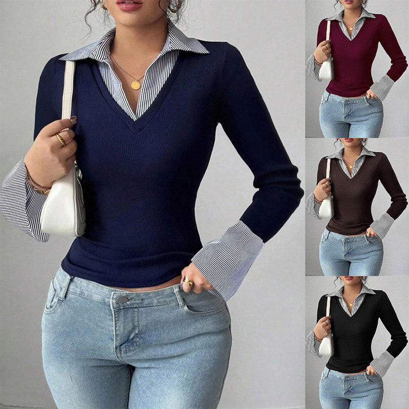 Womens Long-Sleeve Fashionable Casual Lapel T-Shirt