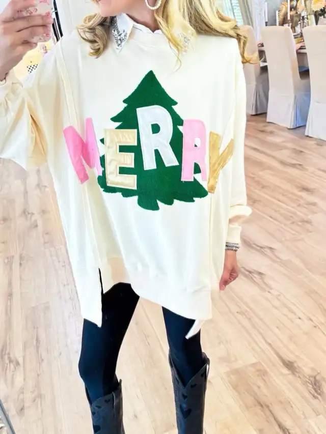 Women's Printed Casual Loose fit Patchwork Crew Neck Sweater Apricot - Shop at LoveMi