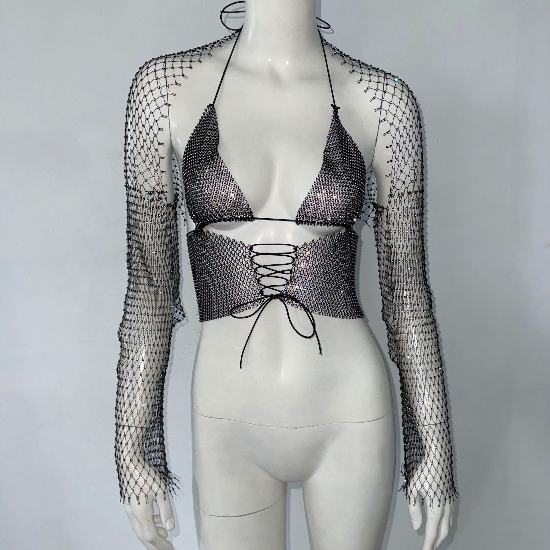 Fishnet Rhinestone Camisole Top Drawstring Vest