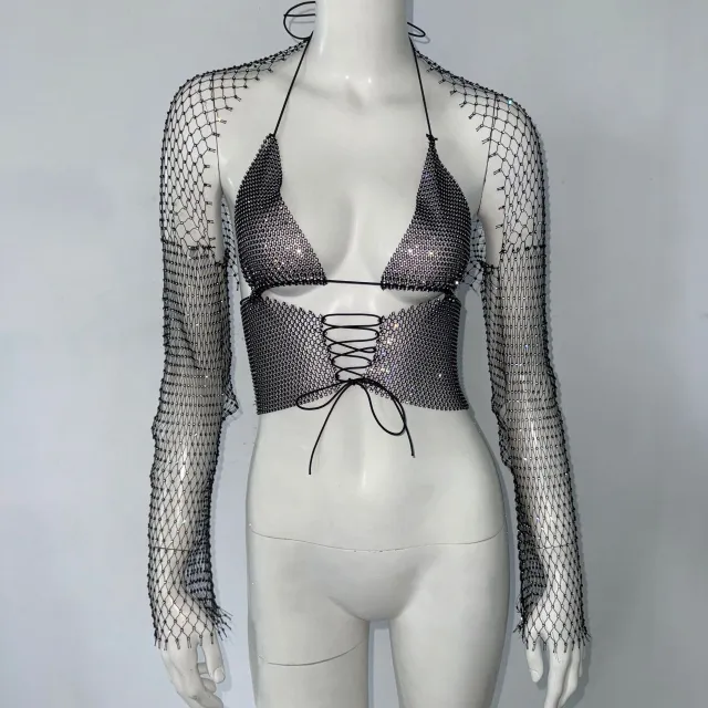 Fishnet Rhinestone Camisole Top Drawstring Vest Black - Shop at LoveMi