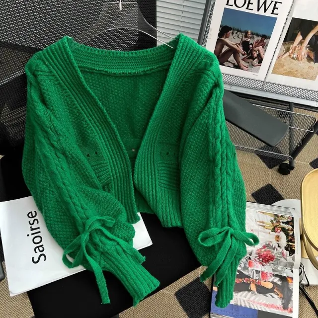 Western Style Outer Match Knitted Cardigan Loose Short Long Sleeve Top Green - Shop at LoveMi