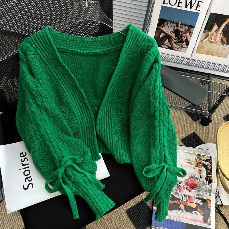 Western Style Outer Match Knitted Cardigan Loose Short Long Sleeve Top - Green