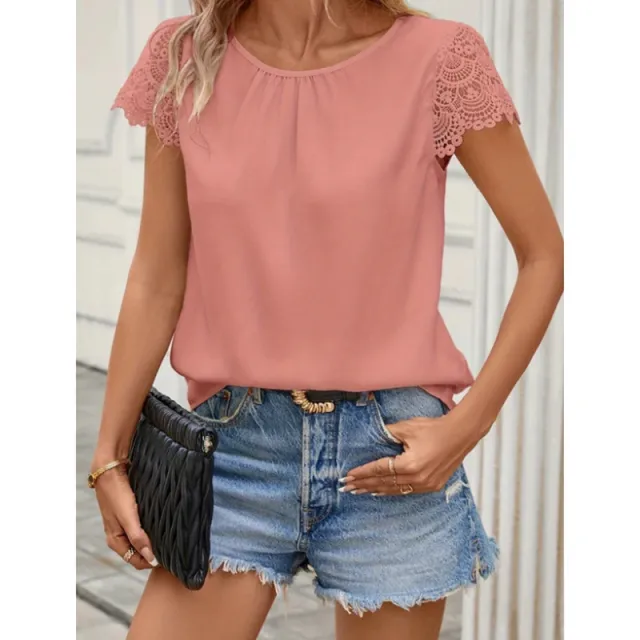 Lace Comfort And Casual Solid Color Round Neck Short Sleeves Rose Gold - Shop at LoveMi