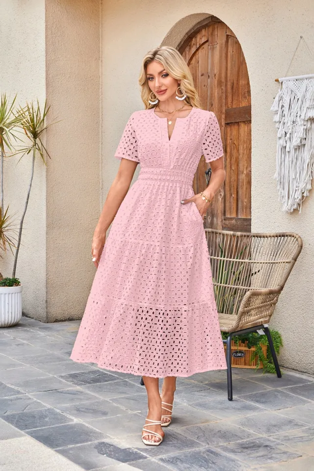 V neck Hollow Pleated Short Sleeves Long Dress Pink - Shop at LoveMi