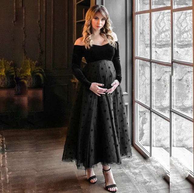 Women's Gold Velvet Flocking Pregnant V neck Long Dress Black - Shop at LoveMi