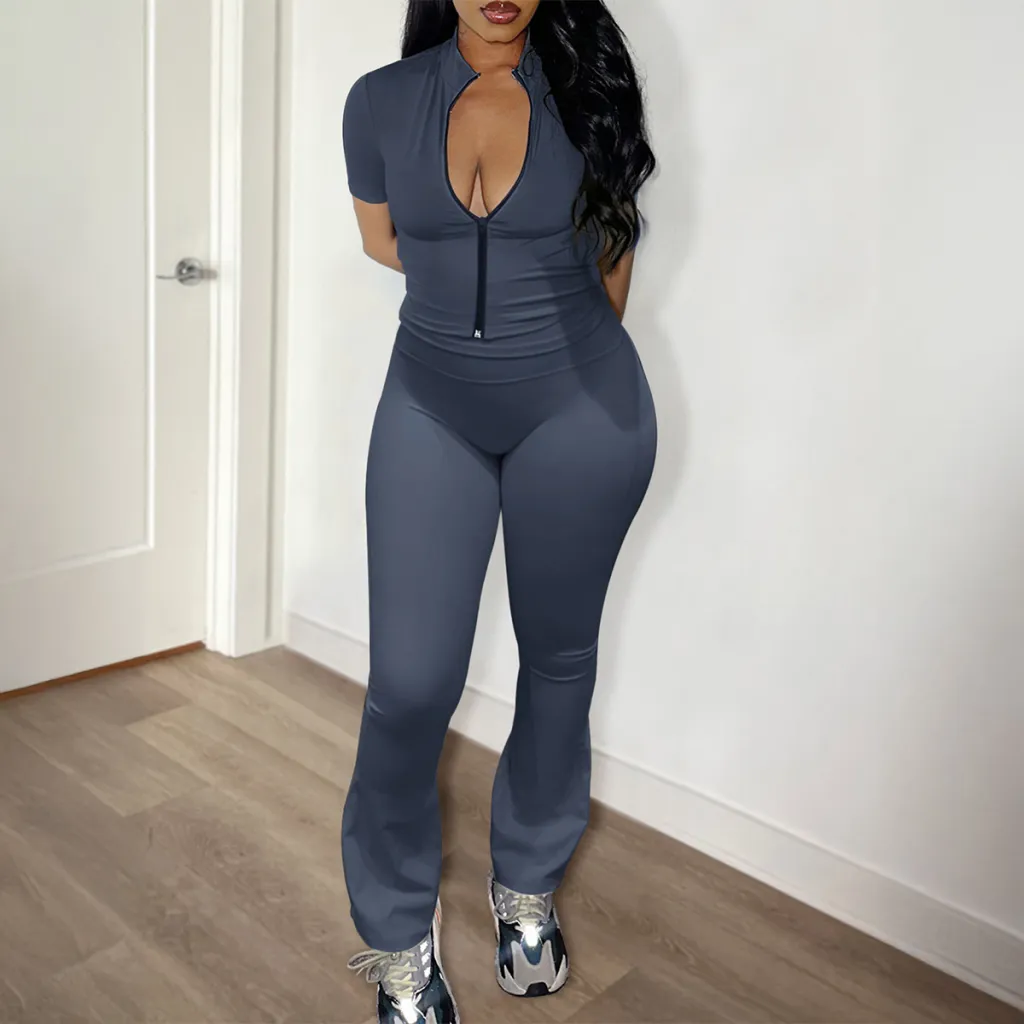 Zipper Short Cardigan High Waist Straight-leg Shorts Yoga Clothes Two-piece Suit - Grey Blue
