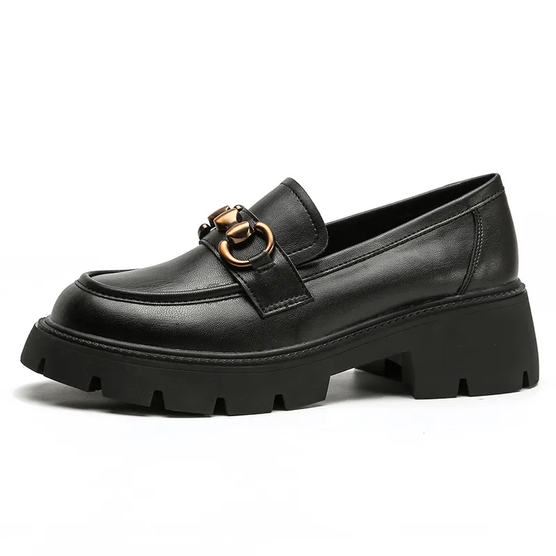 Colour Matching Button Female Platform Loafers - Black