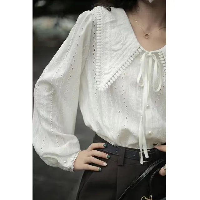 French Style Large Pointed Collar Shirt Women's Early Spring Design White - Shop at LoveMi