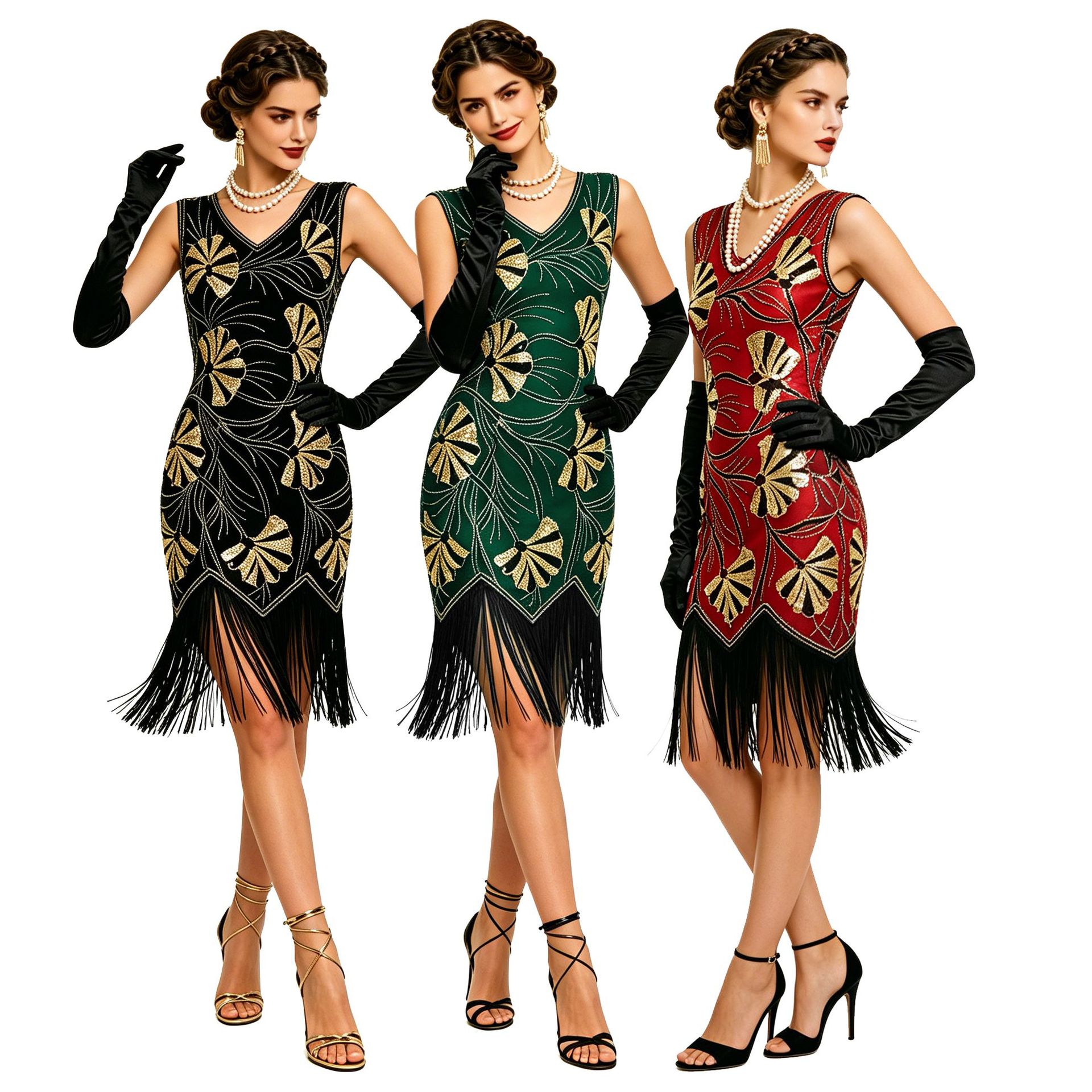 Women's Vintage V-Neck Sequin Tassel Evening Dress
