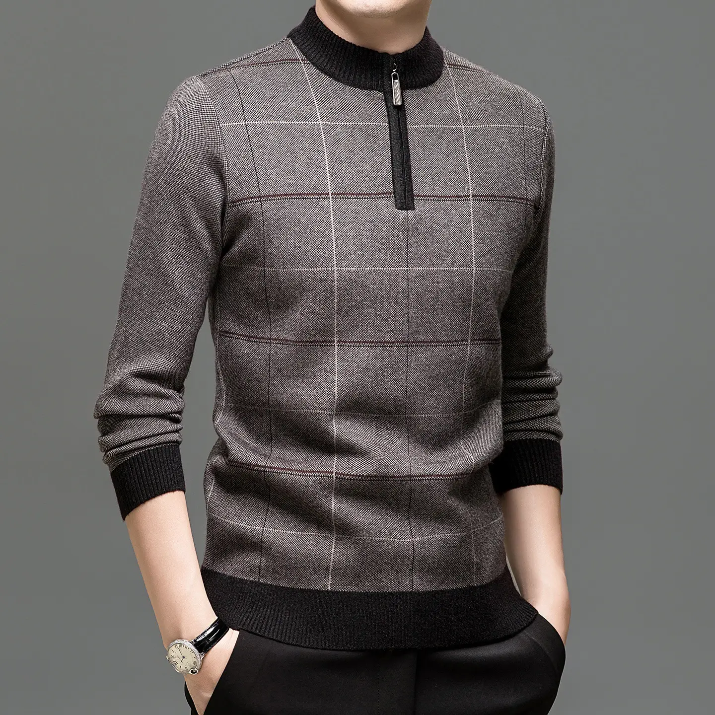 Mens Stylish Plaid Half-zip Knit Sweater