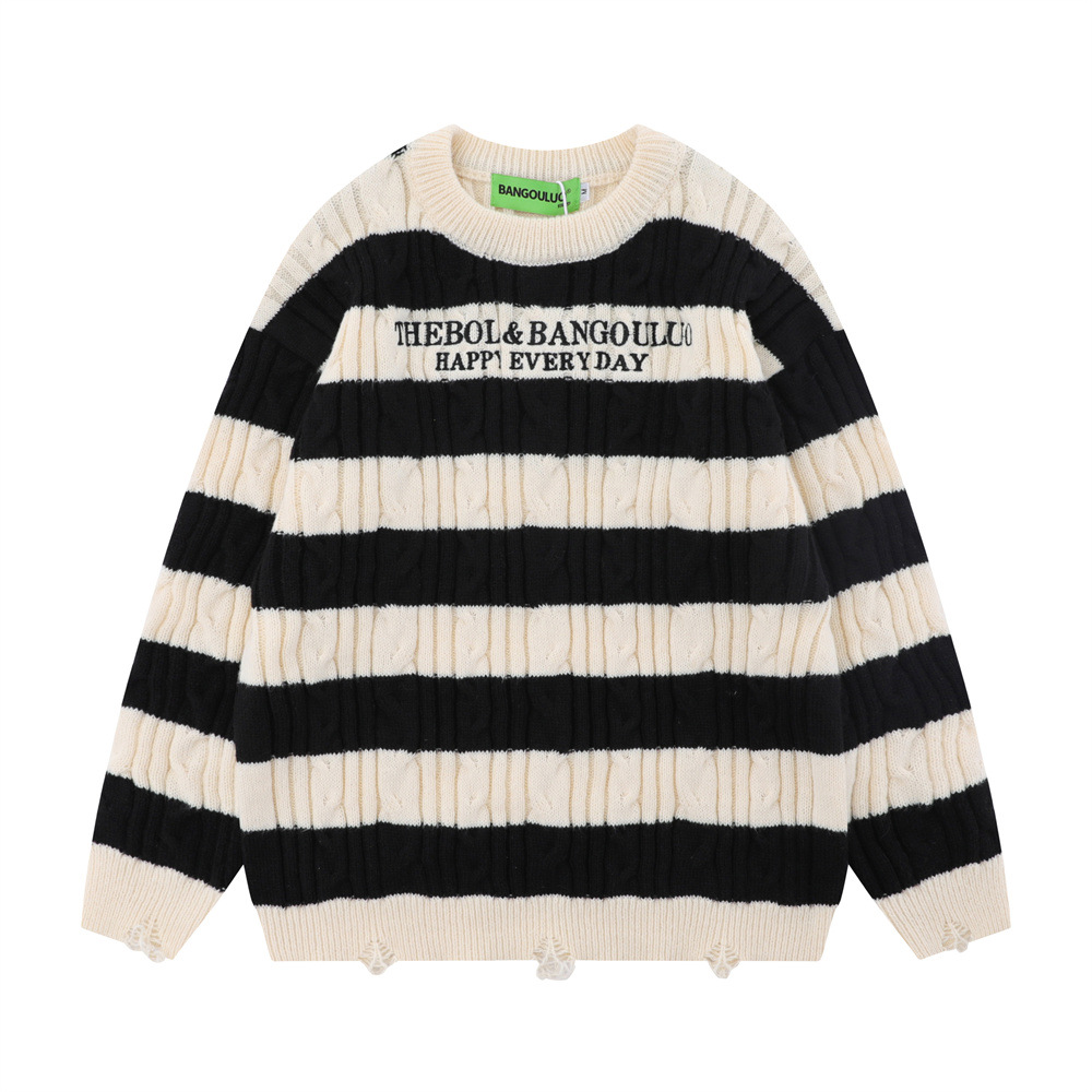 Contrast Color Striped Round Neck Sweater Men And Women Trendy Crocheted Ripped Twist