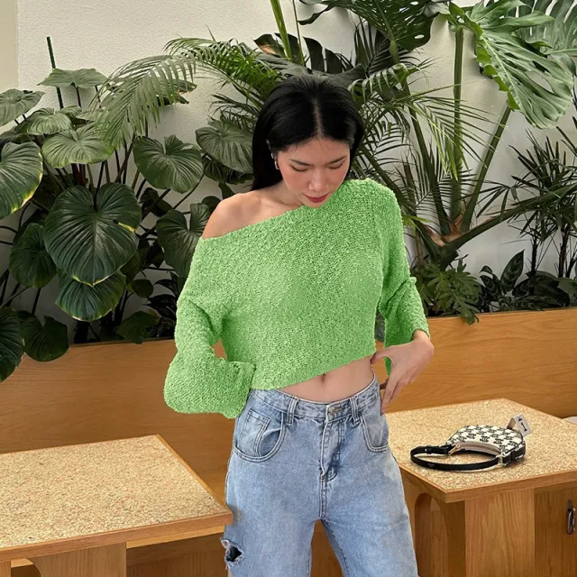 Women's Autumn Leisure Solid Color Hollow out Loose Top Green - Shop at LoveMi