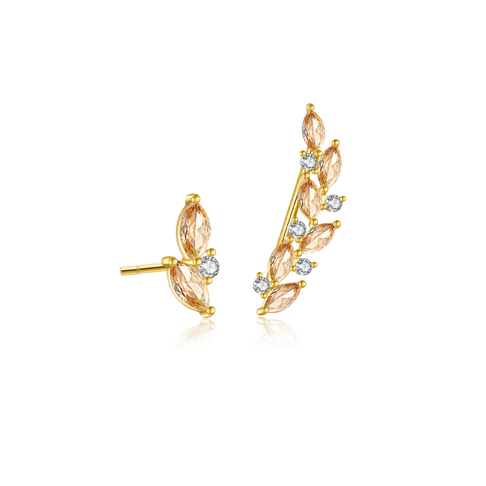 Sterling Silver Stud Diamond Branches Zircon Asymmetric Earrings