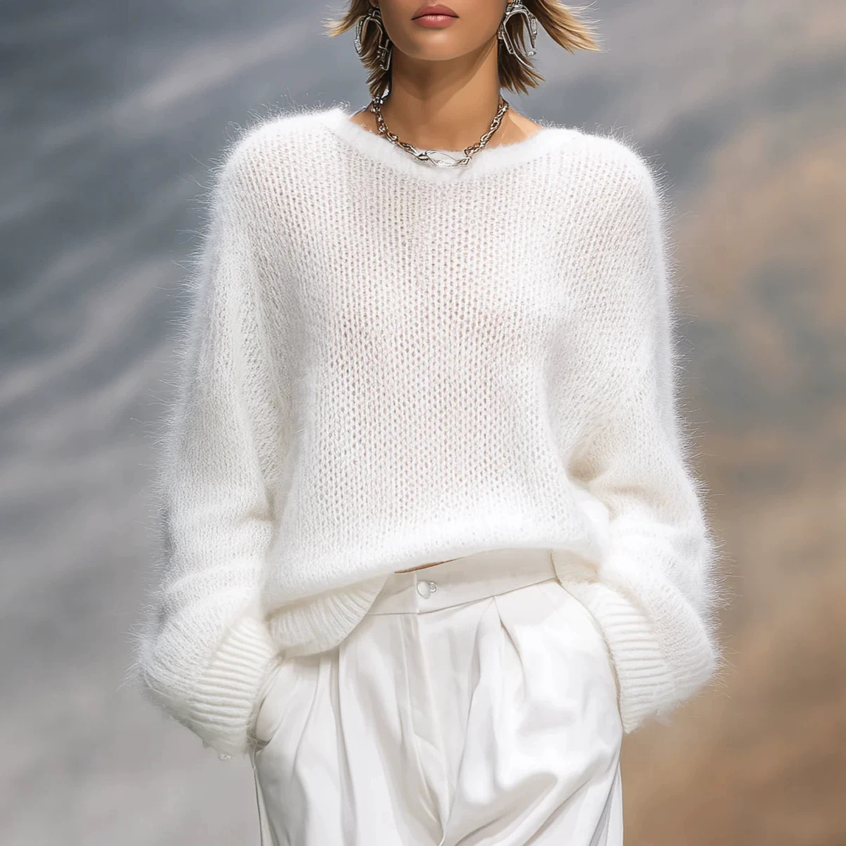 New Autumn Winter Relaxed-style Elegant Solid-color Crew-neck Loose-fit Womens Pullover
