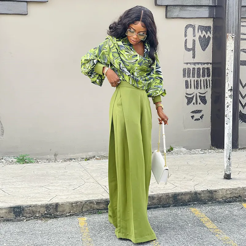 Women's Fashionable Printed Lantern Sleeve Shirt Wide-leg Suit - Green