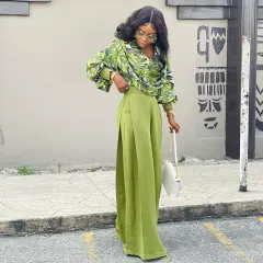 Women's Fashionable Printed Lantern Sleeve Shirt Wide-leg Suit - Green - View 1