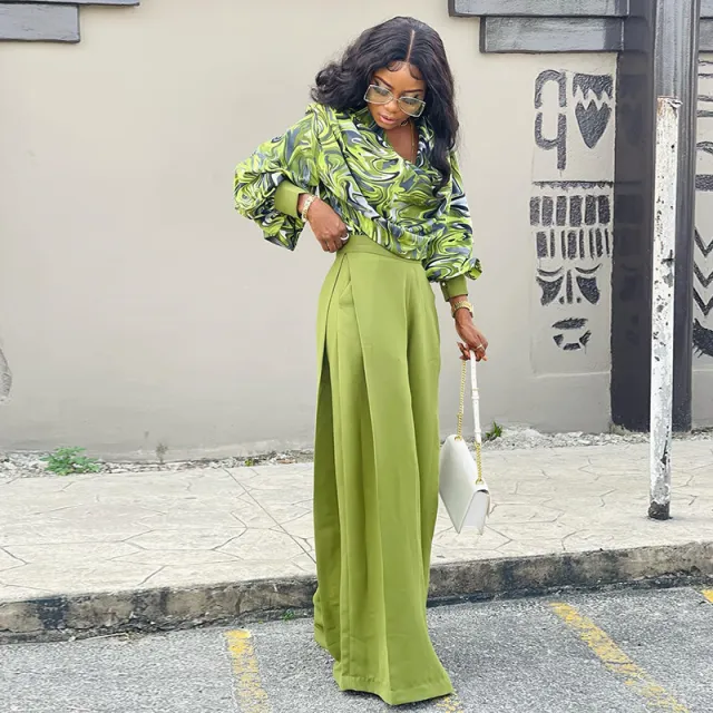 Women's Fashionable Printed Lantern Sleeve Shirt Wide leg Suit Green - Shop at LoveMi