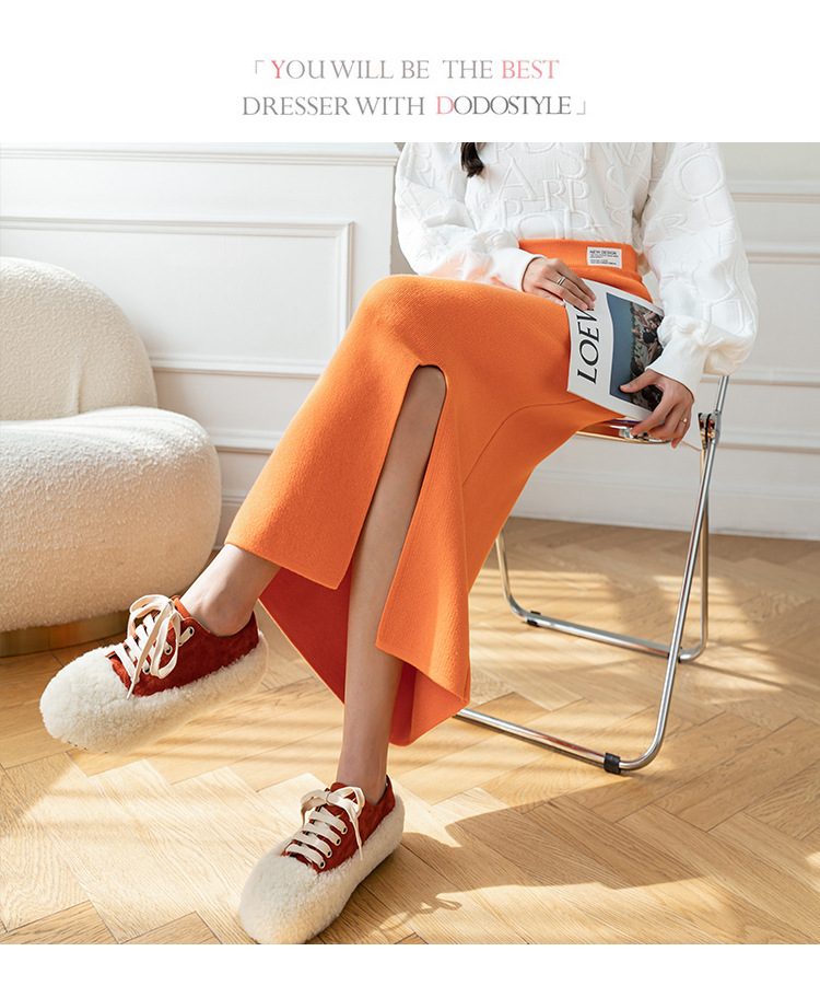 Women's Mid-length Autumn And Winter Slit Knitted Skirt