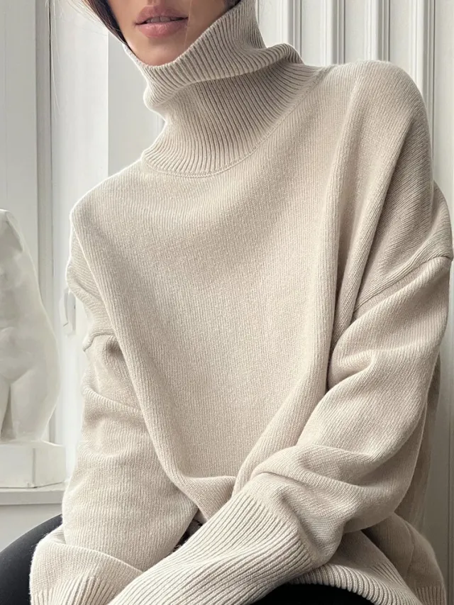 Women's Multi color Turtleneck Solid Color Sweater Loose Pullover Stand Collar Khaki - Shop at LoveMi