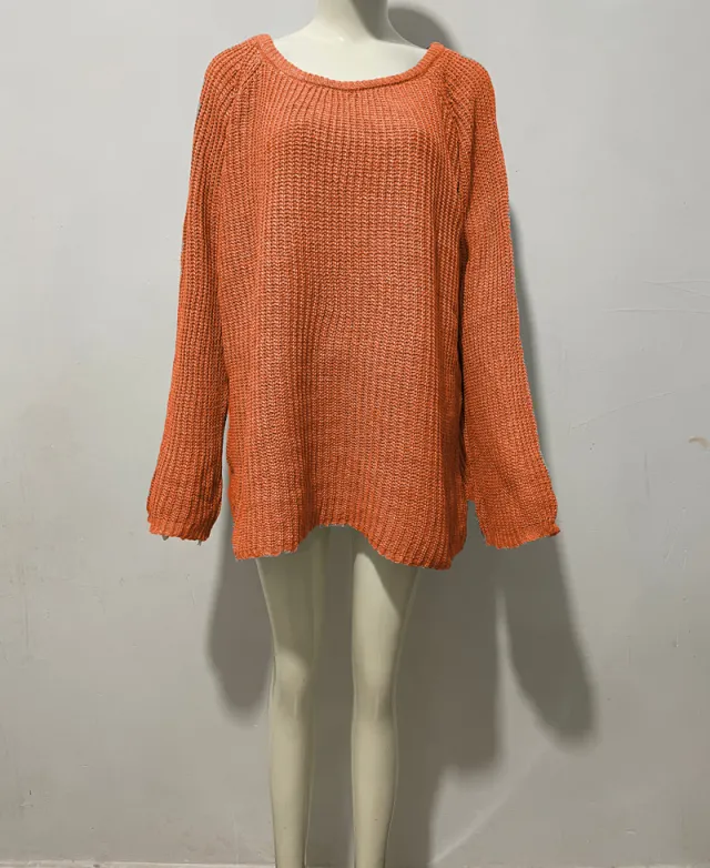 Flare Sleeve Sweater Round Neck Long Sleeve Loose Top Orange Red - Shop at LoveMi