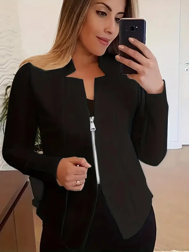 Women's Solid Color Top Zipper Jacket Small Suit Black - Shop at LoveMi
