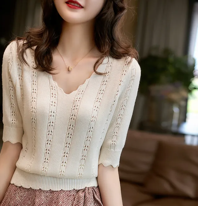 Summer White French Style V neck Sweater With Short Sleeves Beige - Shop at LoveMi