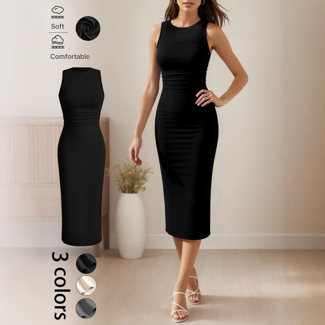 Womens Solid-color Waist-cinching Sleeveless Figure-flattering Elegant Sheath Dress