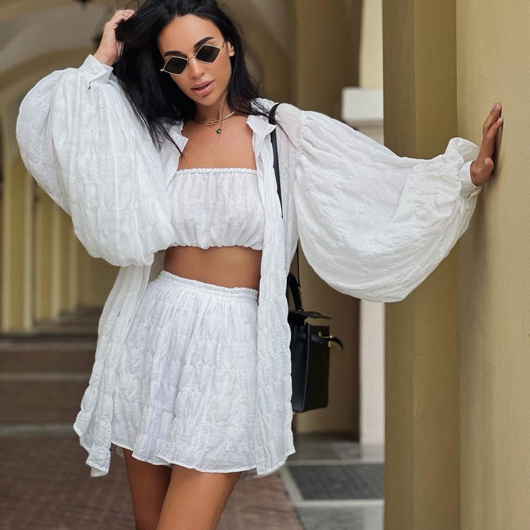Long Sleeve White Shirt Loose Tube Top High Waist Shorts Three-piece Set