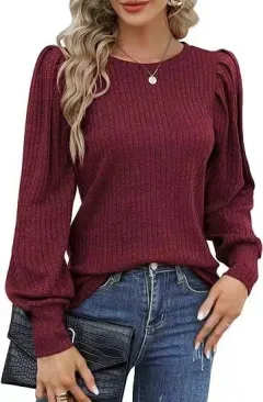 Rib Fabric Round Neck Bubble Shoulder Long Sleeve T-shirt Top - Wine - View 1