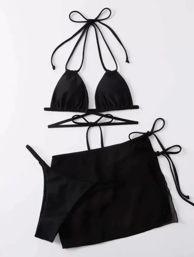 Pure Color Tied Three piece Bikini Set Black - Shop at LoveMi