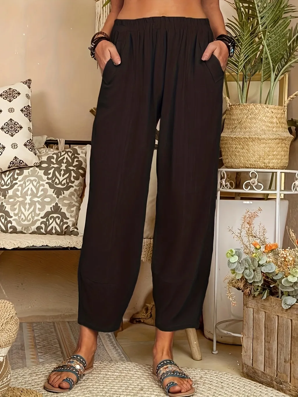 European And American Solid Color Loose Cotton And Linen Casual Pants Home - Black