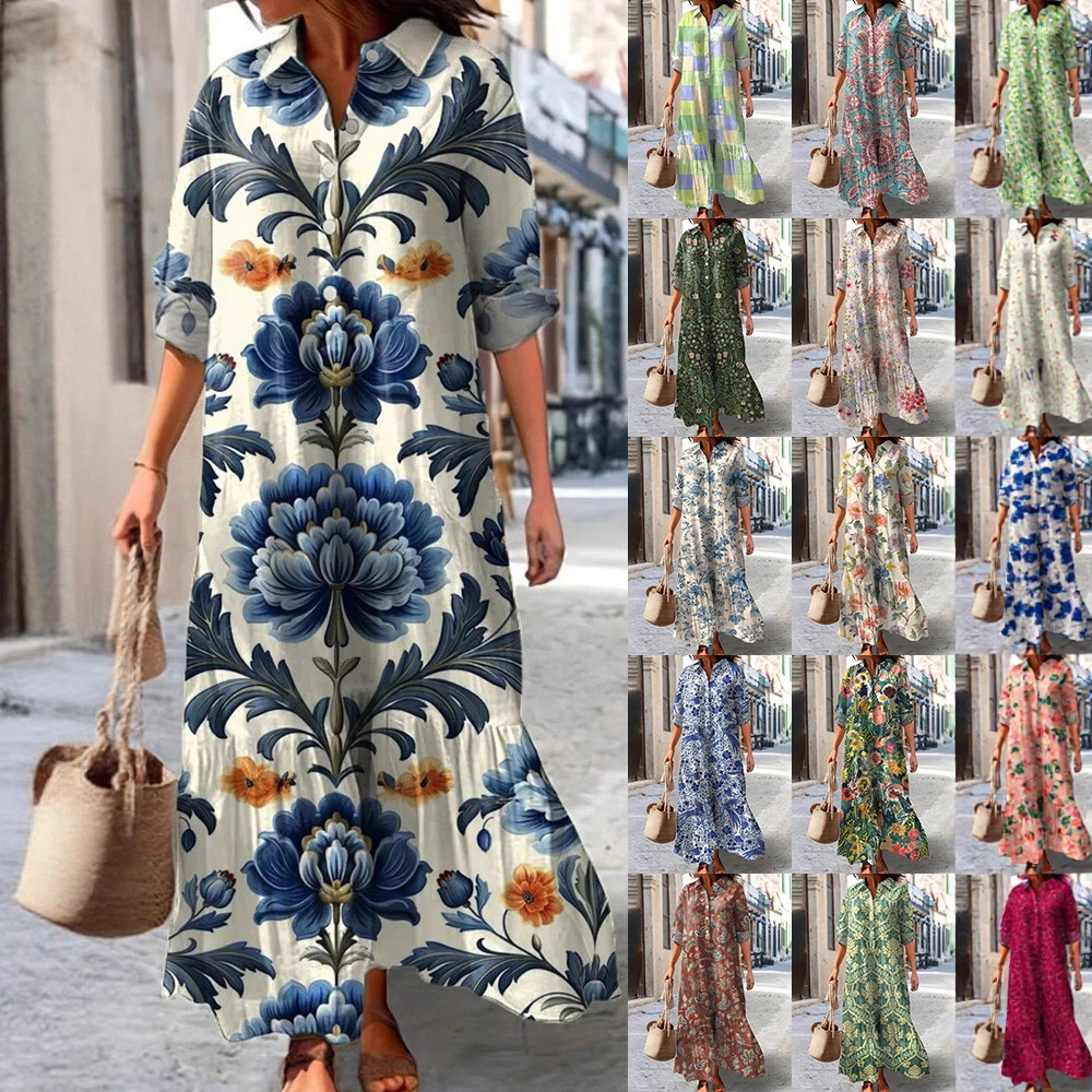 Womens Long-Sleeve Lapel-Neck Digital-Print Dress