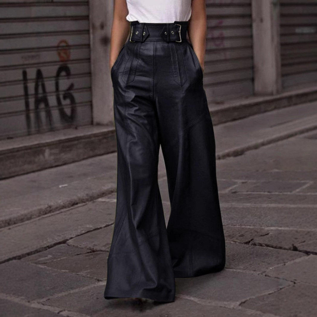 Fashion Leather High Waist Pocket Casual Trousers Black - Shop at LoveMi