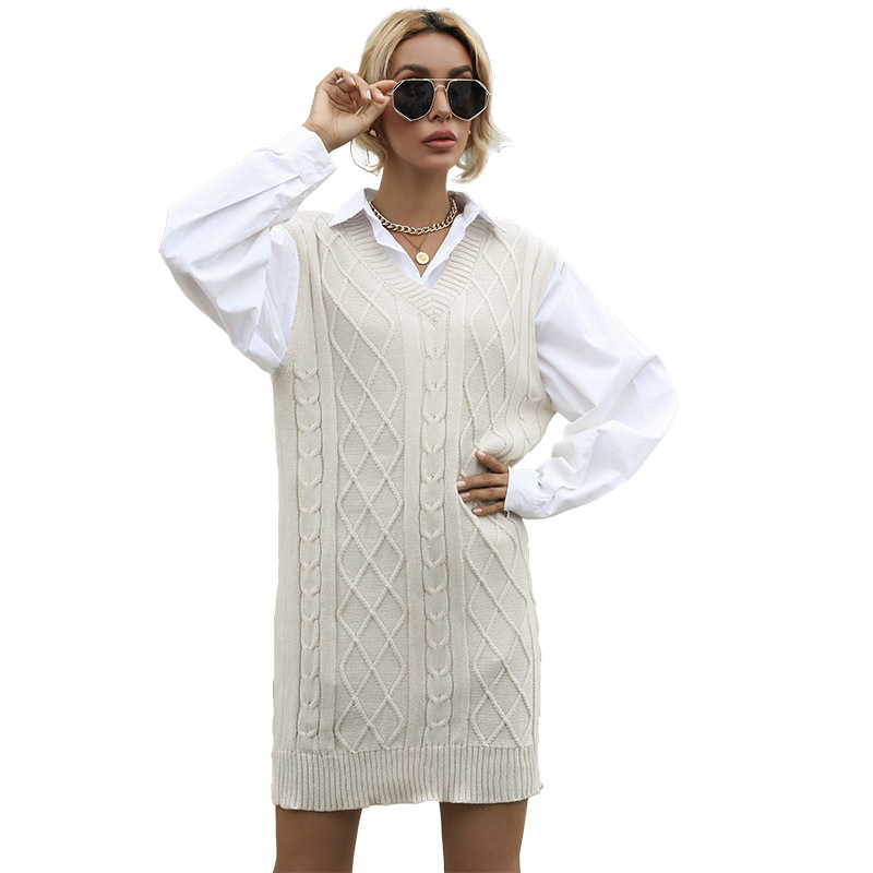 Long Solid Color And V-neck Vest Type Vest Knitted Sweater Dress Women