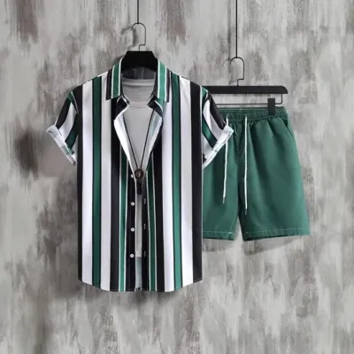 Striped Contrast Color 3D Printing Vacation Shirt Shorts 2 Pieces Suit