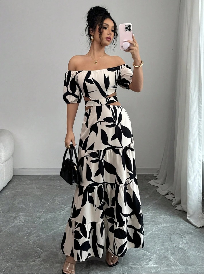 Off shoulder Sexy Hollow out Dress Printed Bodycon Dress That Flatters Your Figure And Shows Off Your Waist Picture Color - Shop at LoveMi