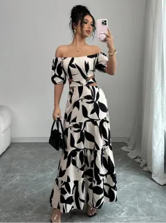 Off-shoulder Sexy Hollow-out Dress Printed Bodycon Dress That Flatters Your Figure And Shows Off Your Waist - View 1