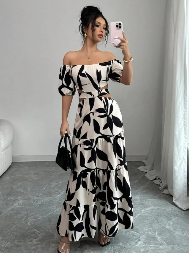 Off shoulder Sexy Hollow out Dress Printed Bodycon Dress That Flatters Your Figure And Shows Off Your Waist - Shop at LoveMi