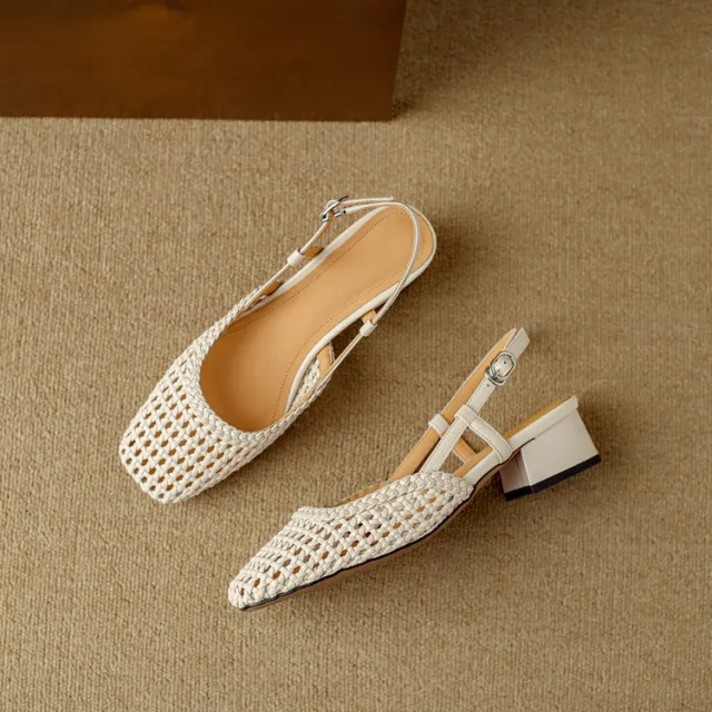 Woven Hollow out Closed Toe Sandals Women's Chunky Heel Shoes Beige - Shop at LoveMi