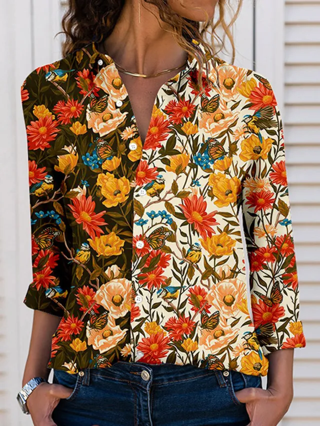 Women's Top Spring And Autumn New Rose Leaves Long Sleeve Button Shirt F169Z989 - Shop at LoveMi