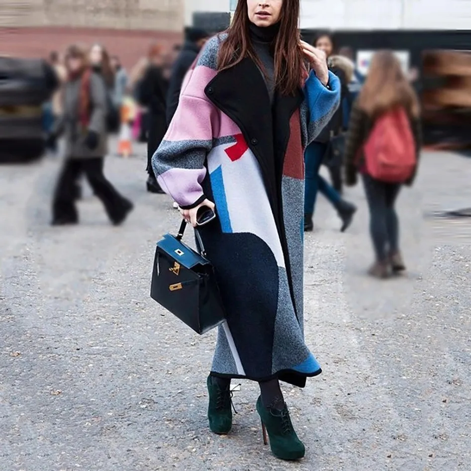 Fashion Loose Ankle Print Woolen Coat - Geometry