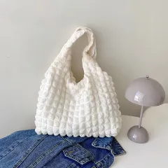 Pleated Bubble Bag Girl One-shoulder Hand Carrying - Beige - View 1