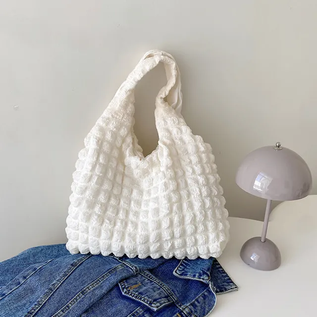Pleated Bubble Bag Girl One shoulder Hand Carrying Beige - Shop at LoveMi