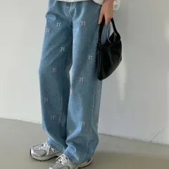 Embroidered Bow Loose Straight High Waist Waist Adjustable Jeans - Denim Blue - View 1