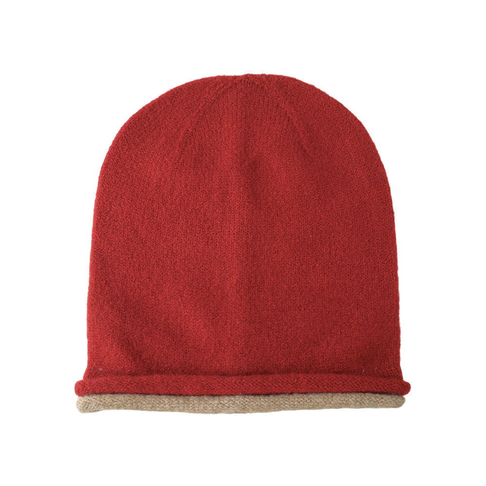 Womens New Winter Two-Row Hem Colorblock Cashmere Knitted Beanie
